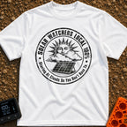 Solar Watchers Union - T-Shirt in White - A black-and-white circular badge design featuring a stylized sun with a face...