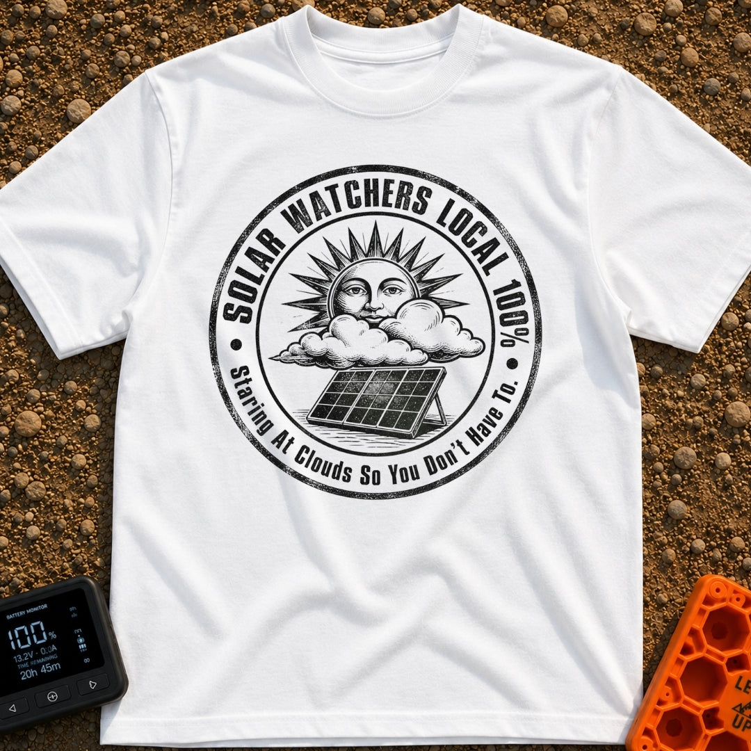 Solar Watchers Union - T-Shirt in White - A black-and-white circular badge design featuring a stylized sun with a face...