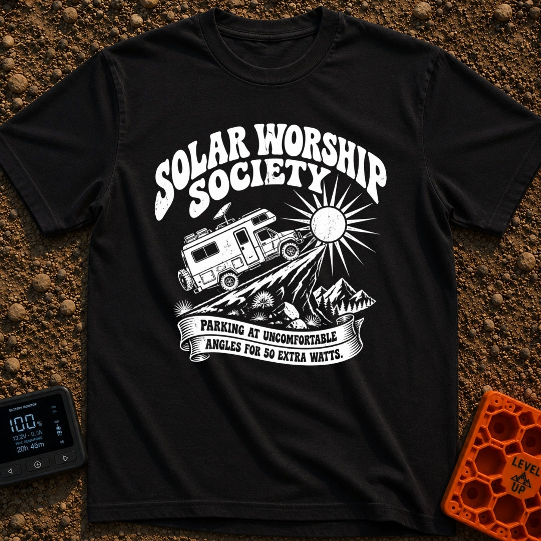 Solar Power Trip - T-Shirt in Black - A black-and-white illustration of a rugged 4x4 camper van with roof-mounted solar...