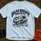 Solar Power Trip - T-Shirt in Chambray - A black-and-white illustration of a rugged 4x4 camper van with roof-mounted...