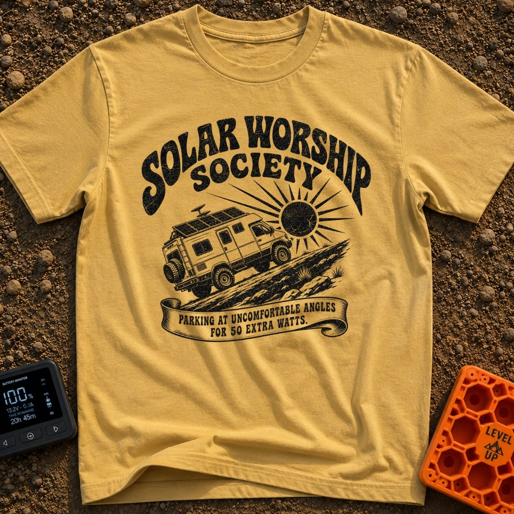 Solar Power Trip - T-Shirt in Mustard - A black-and-white illustration of a rugged 4x4 camper van with roof-mounted solar...