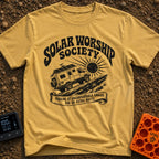 Solar Power Trip - T-Shirt in Mustard - A black-and-white illustration of a rugged 4x4 camper van with roof-mounted solar...