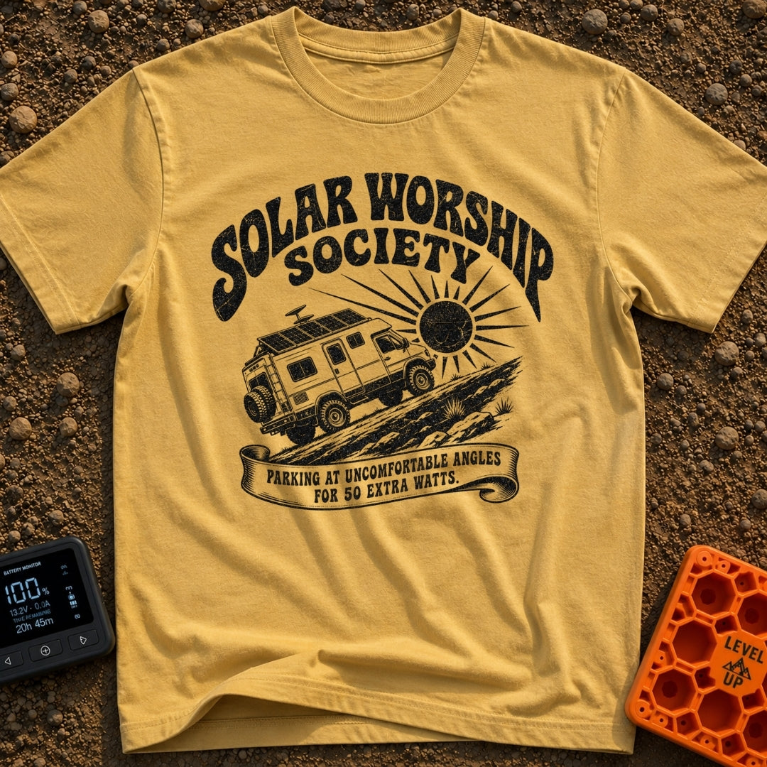 Solar Power Trip - T-Shirt in Mustard - A black-and-white illustration of a rugged 4x4 camper van with roof-mounted solar...