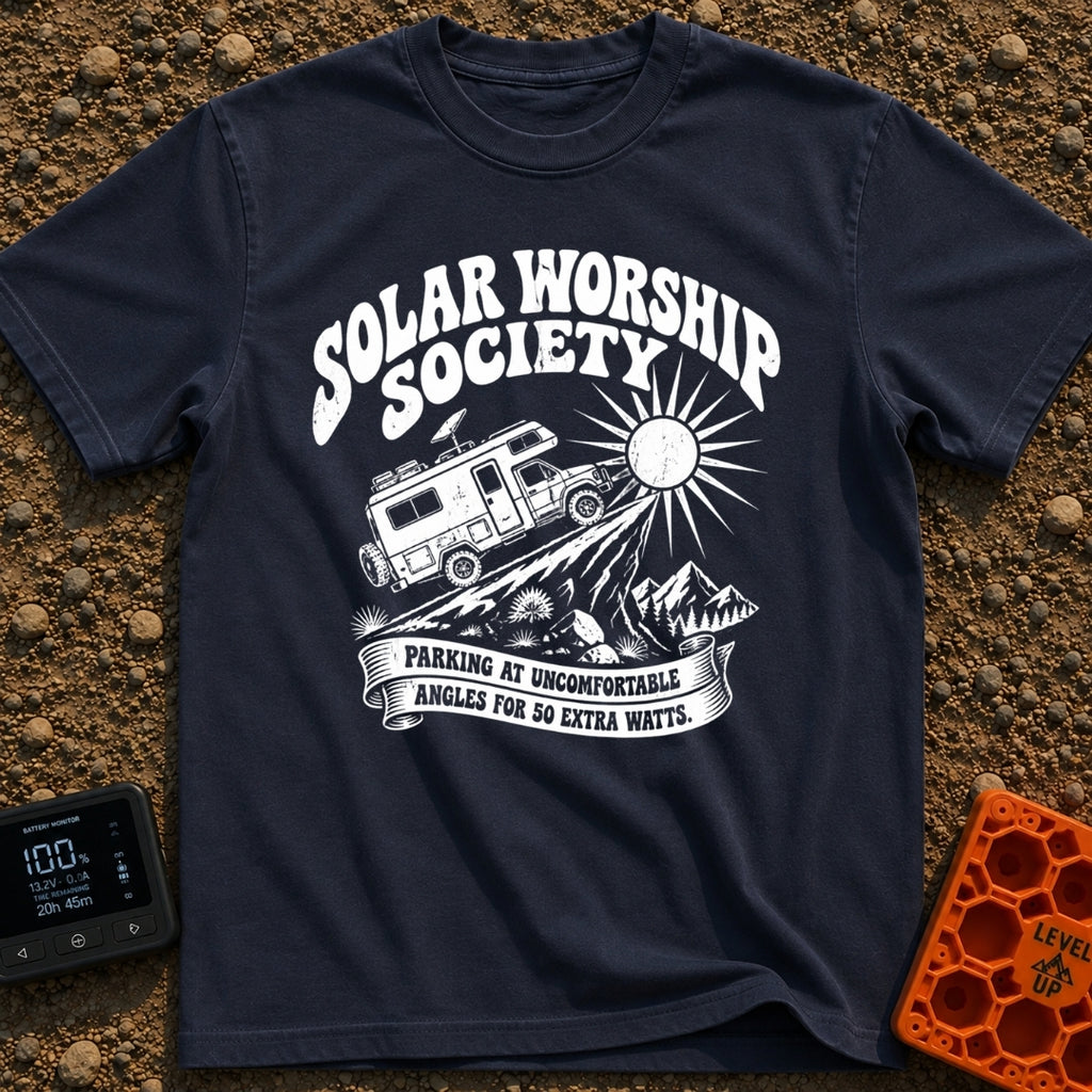 Solar Power Trip - T-Shirt in Navy - A black-and-white illustration of a rugged 4x4 camper van with roof-mounted solar...