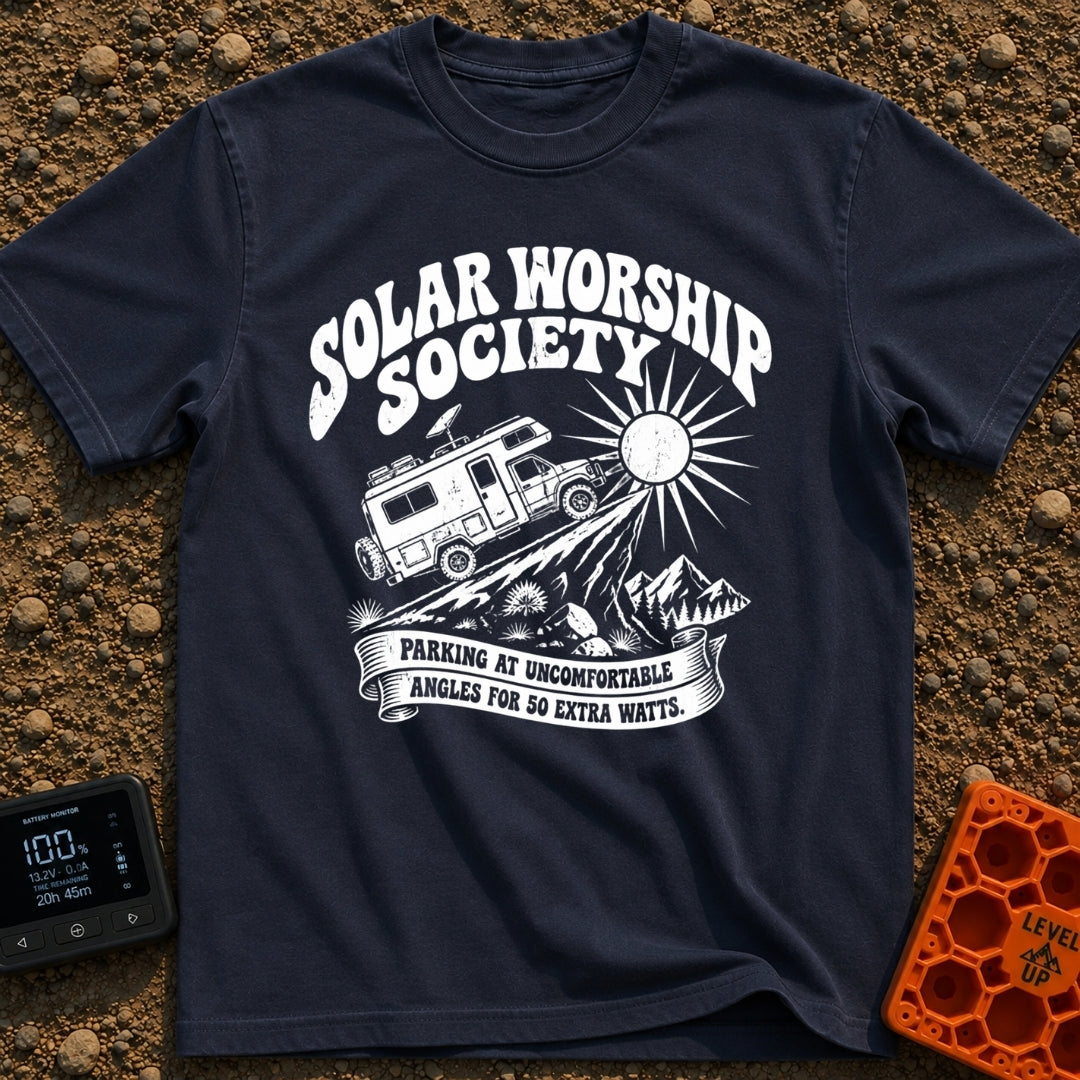 Solar Power Trip - T-Shirt in Navy - A black-and-white illustration of a rugged 4x4 camper van with roof-mounted solar...