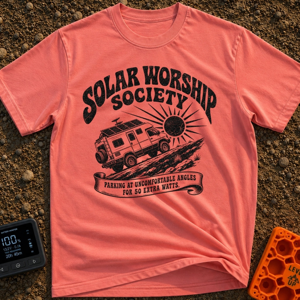 Solar Power Trip - T-Shirt in Watermelon - A black-and-white illustration of a rugged 4x4 camper van with roof-mounted...