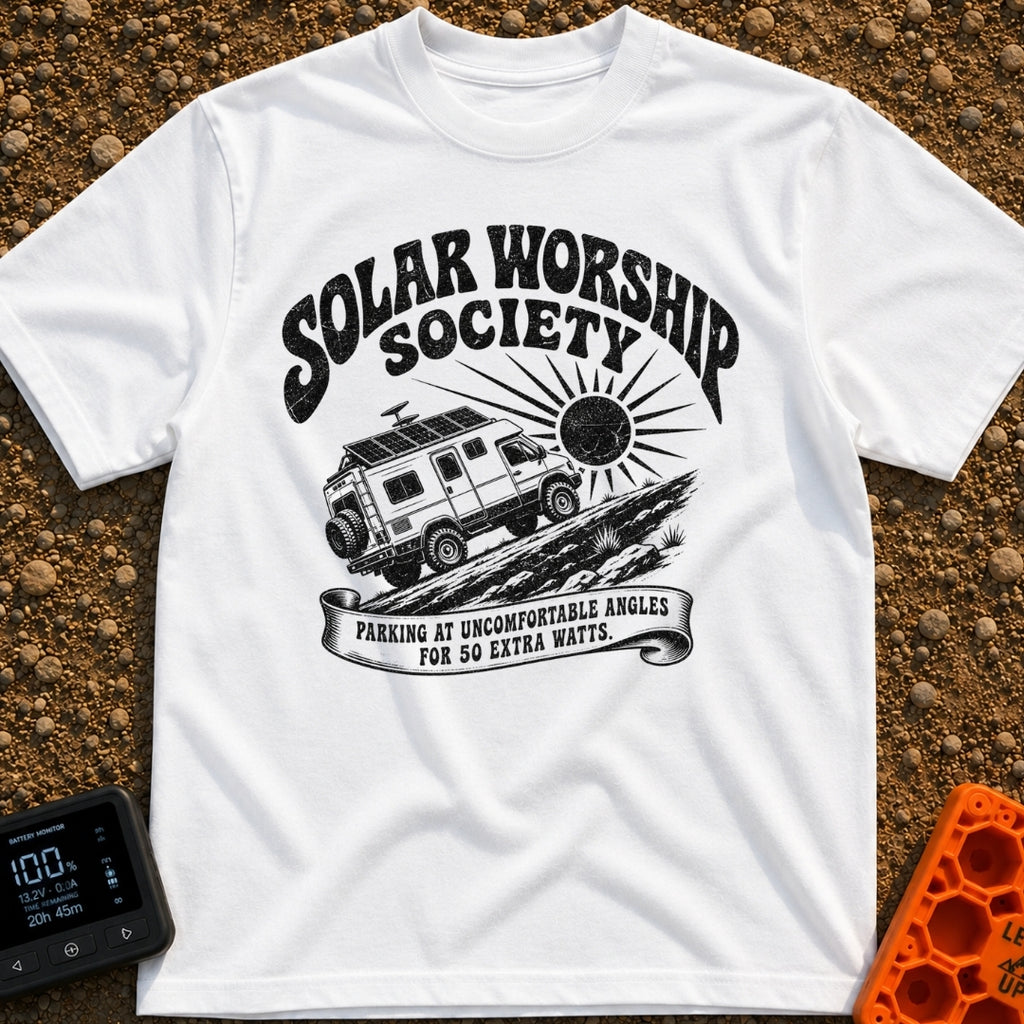 Solar Power Trip - T-Shirt in White - A black-and-white illustration of a rugged 4x4 camper van with roof-mounted solar...