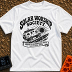Solar Power Trip - T-Shirt in White - A black-and-white illustration of a rugged 4x4 camper van with roof-mounted solar...