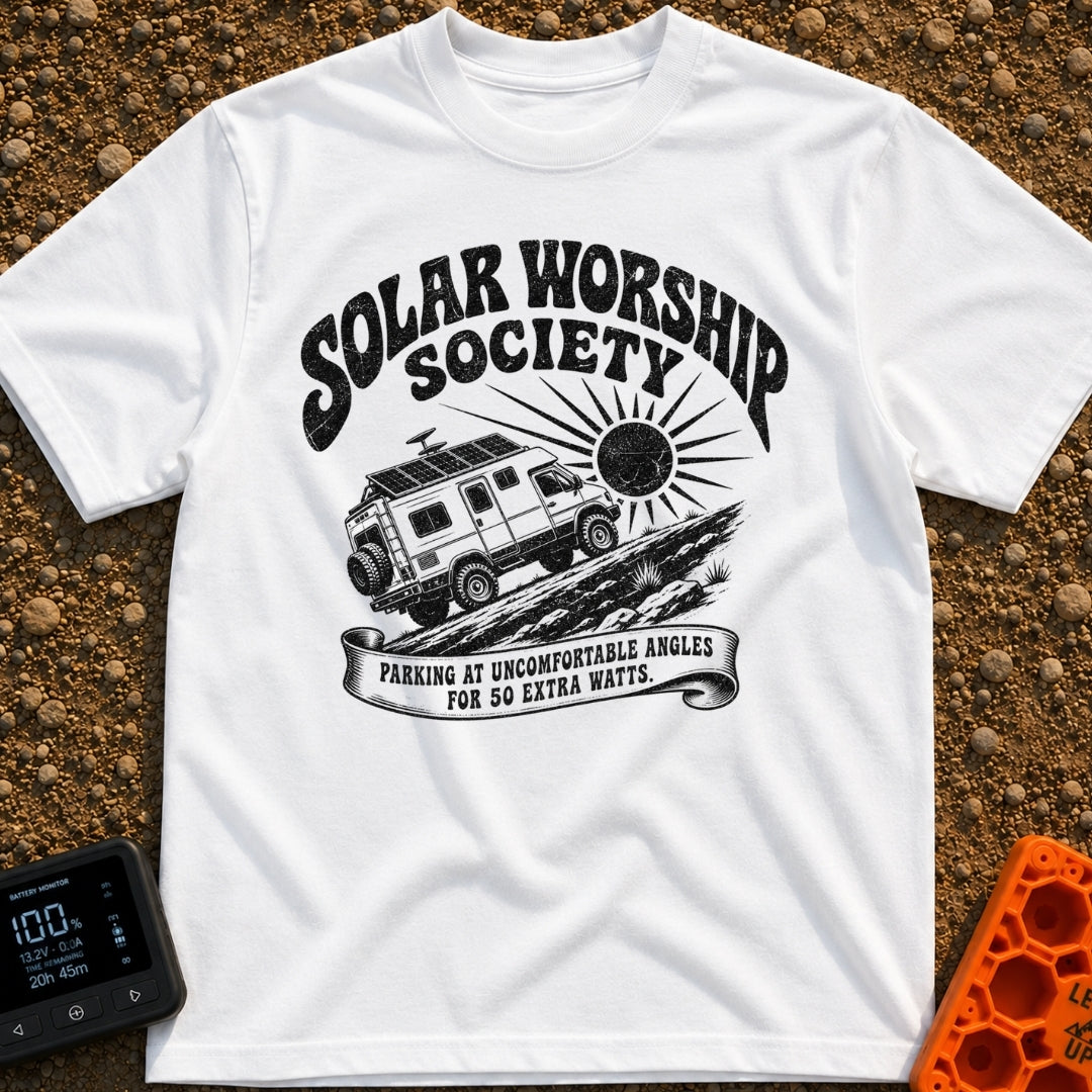 Solar Power Trip - T-Shirt in White - A black-and-white illustration of a rugged 4x4 camper van with roof-mounted solar...