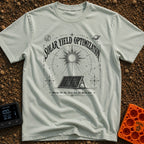 Squeezing Every Last Watt - T-Shirt in Bay - A black and white line-art illustration showing a portable solar panel...