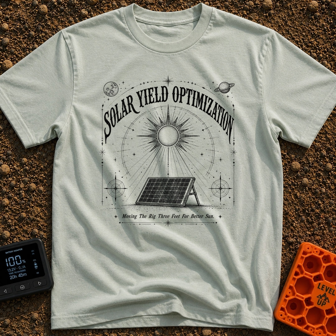 Squeezing Every Last Watt - T-Shirt in Bay - A black and white line-art illustration showing a portable solar panel...