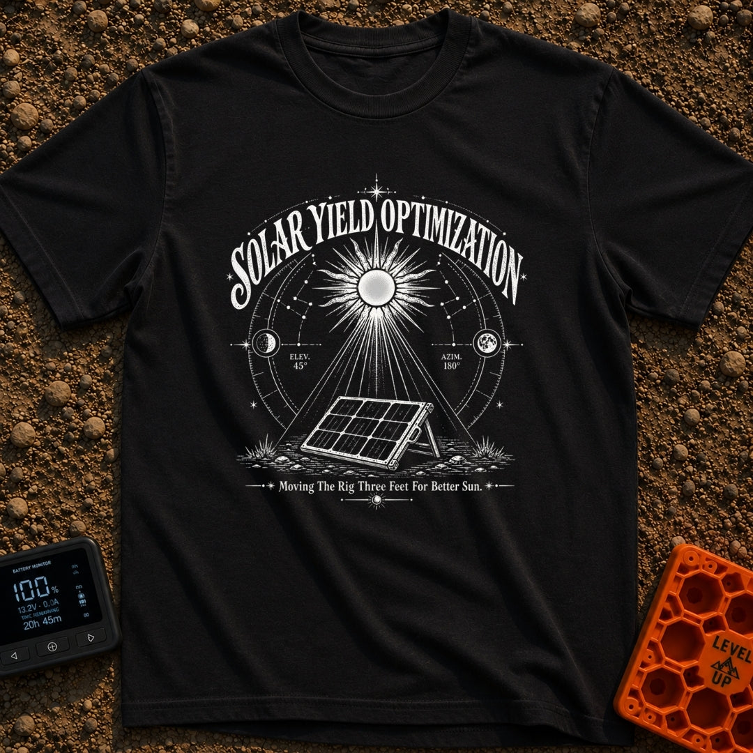 Squeezing Every Last Watt - T-Shirt in Black - A black and white line-art illustration showing a portable solar panel...