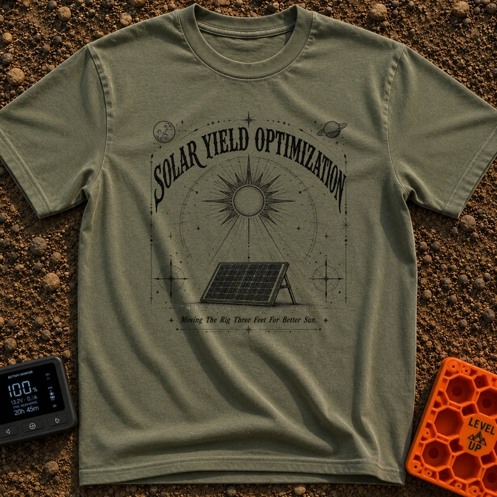 Squeezing Every Last Watt - T-Shirt in Moss - A black and white line-art illustration showing a portable solar panel...