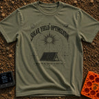 Squeezing Every Last Watt - T-Shirt in Moss - A black and white line-art illustration showing a portable solar panel...
