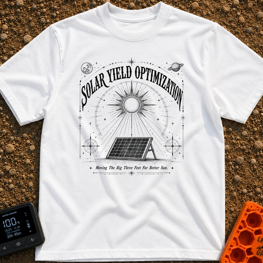 Squeezing Every Last Watt - T-Shirt in White - A black and white line-art illustration showing a portable solar panel...