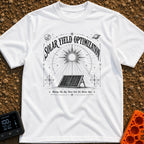 Squeezing Every Last Watt - T-Shirt in White - A black and white line-art illustration showing a portable solar panel...