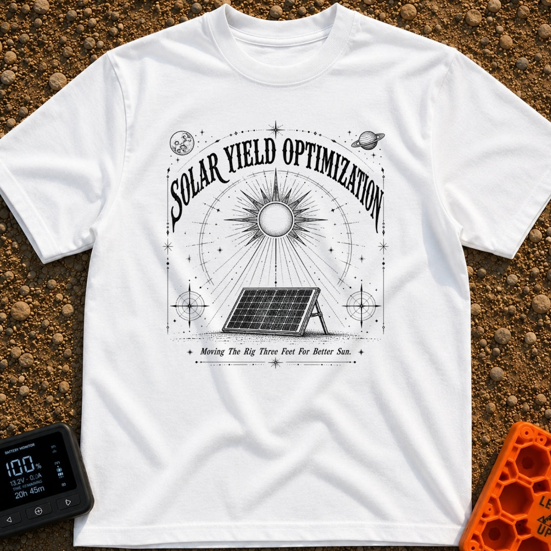 Squeezing Every Last Watt - T-Shirt in White - A black and white line-art illustration showing a portable solar panel...