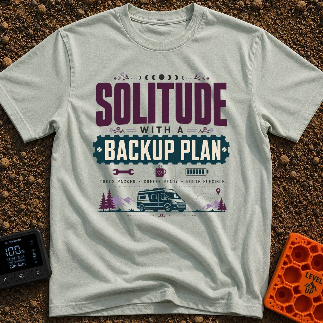 Independent Yet Prepared - T-Shirt in Bay - A typographic design reading "Solitude With A Backup Plan" and "Tools Packed...