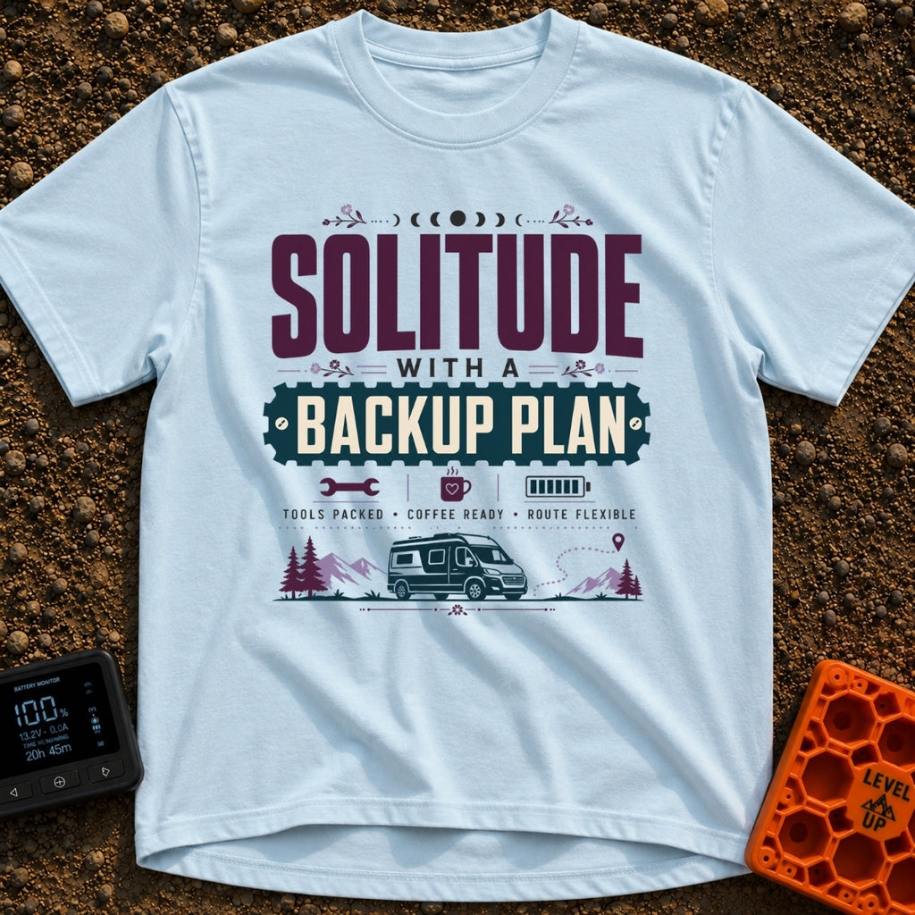 Independent Yet Prepared - T-Shirt in Chambray - A typographic design reading "Solitude With A Backup Plan" and "Tools...