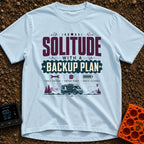 Independent Yet Prepared - T-Shirt in Chambray - A typographic design reading "Solitude With A Backup Plan" and "Tools...