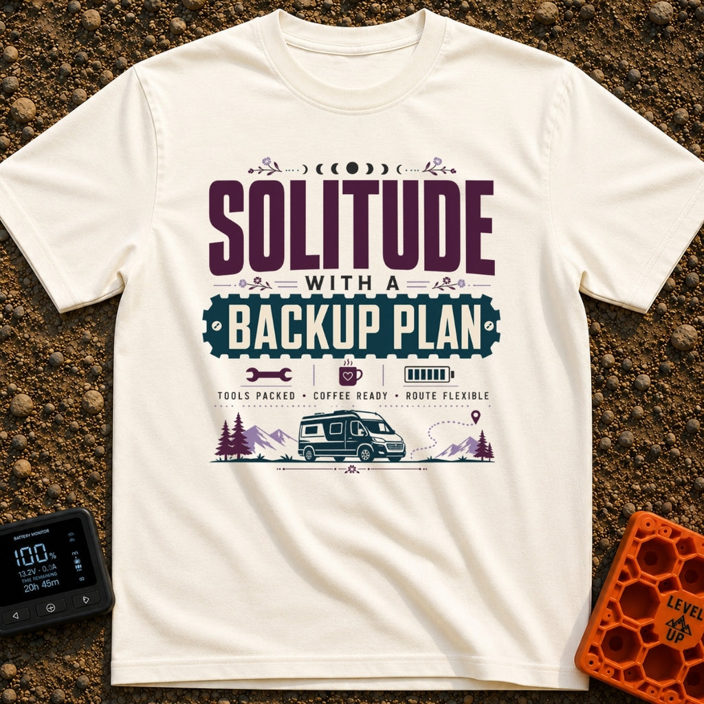 Independent Yet Prepared - T-Shirt in Ivory - A typographic design reading "Solitude With A Backup Plan" and "Tools...