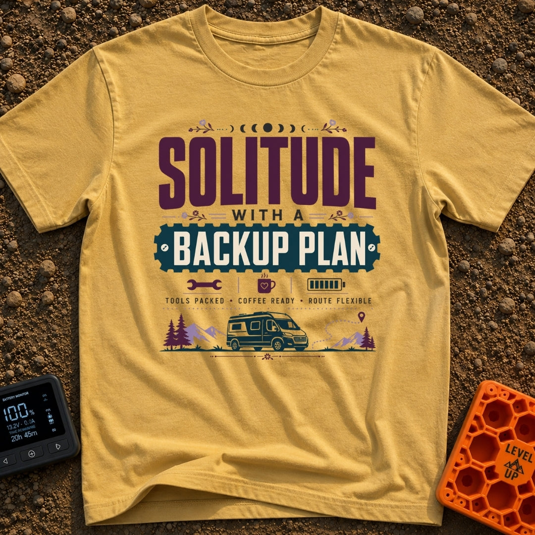 Independent Yet Prepared - T-Shirt in Mustard - A typographic design reading "Solitude With A Backup Plan" and "Tools...