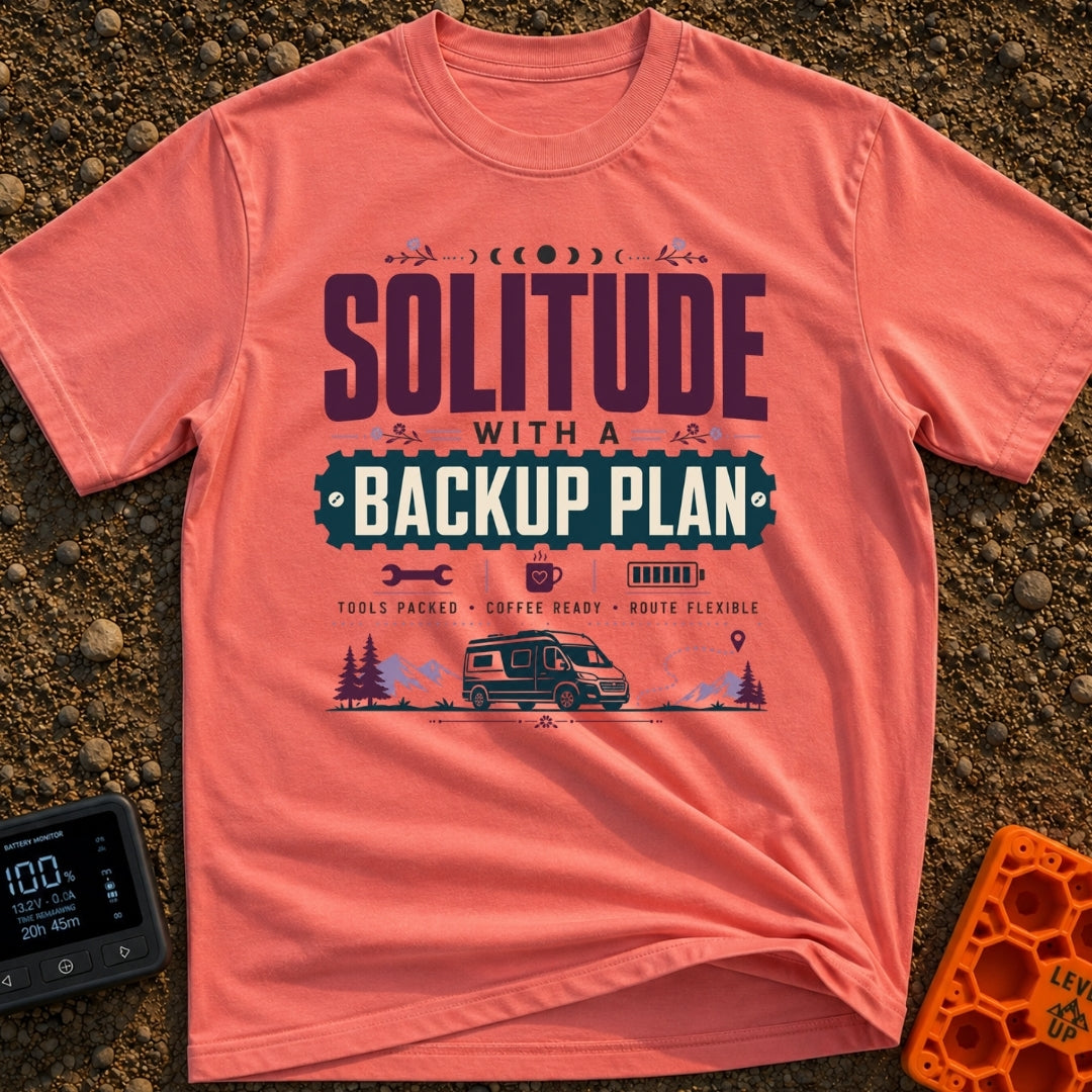 Independent Yet Prepared - T-Shirt in Watermelon - A typographic design reading "Solitude With A Backup Plan" and "Tools...