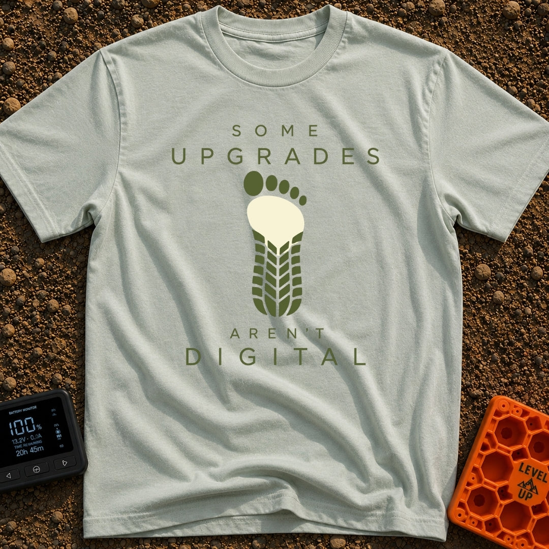Upgrades Aren't Digital - T-Shirt in Bay - A graphic showing a bare human footprint whose lower half seamlessly...