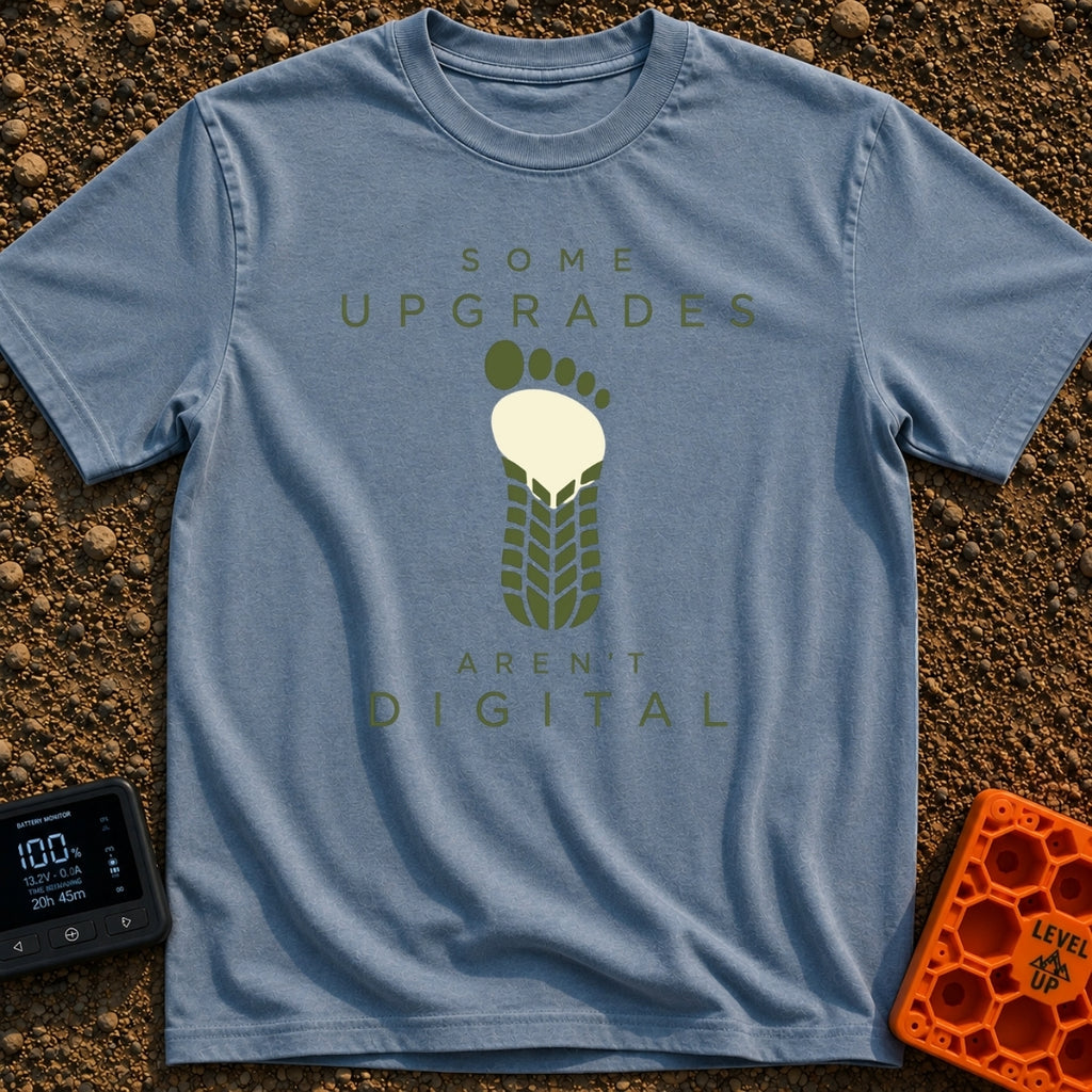 Upgrades Aren't Digital - T-Shirt in Blue Jean - A graphic showing a bare human footprint whose lower half seamlessly...