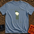 Upgrades Aren't Digital - T-Shirt in Blue Jean - A graphic showing a bare human footprint whose lower half seamlessly...