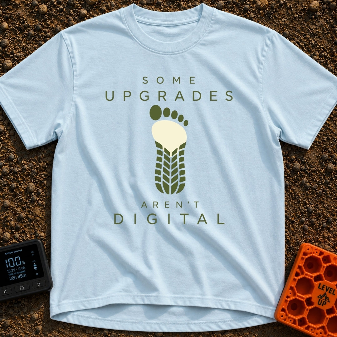 Upgrades Aren't Digital - T-Shirt in Chambray - A graphic showing a bare human footprint whose lower half seamlessly...