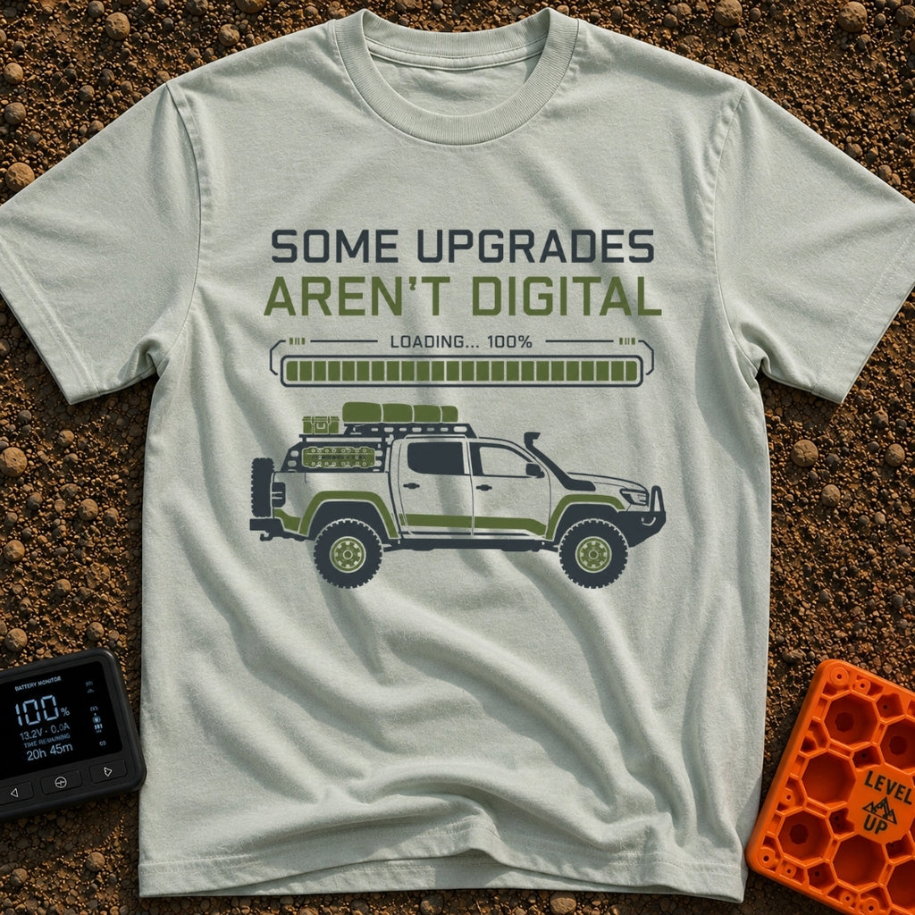 Analog Adventures Ahead - T-Shirt in Bay - The artwork features the text "SOME UPGRADES AREN'T DIGITAL" above a full...