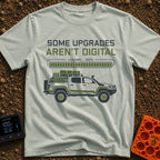 Analog Adventures Ahead - T-Shirt in Bay - The artwork features the text "SOME UPGRADES AREN'T DIGITAL" above a full...