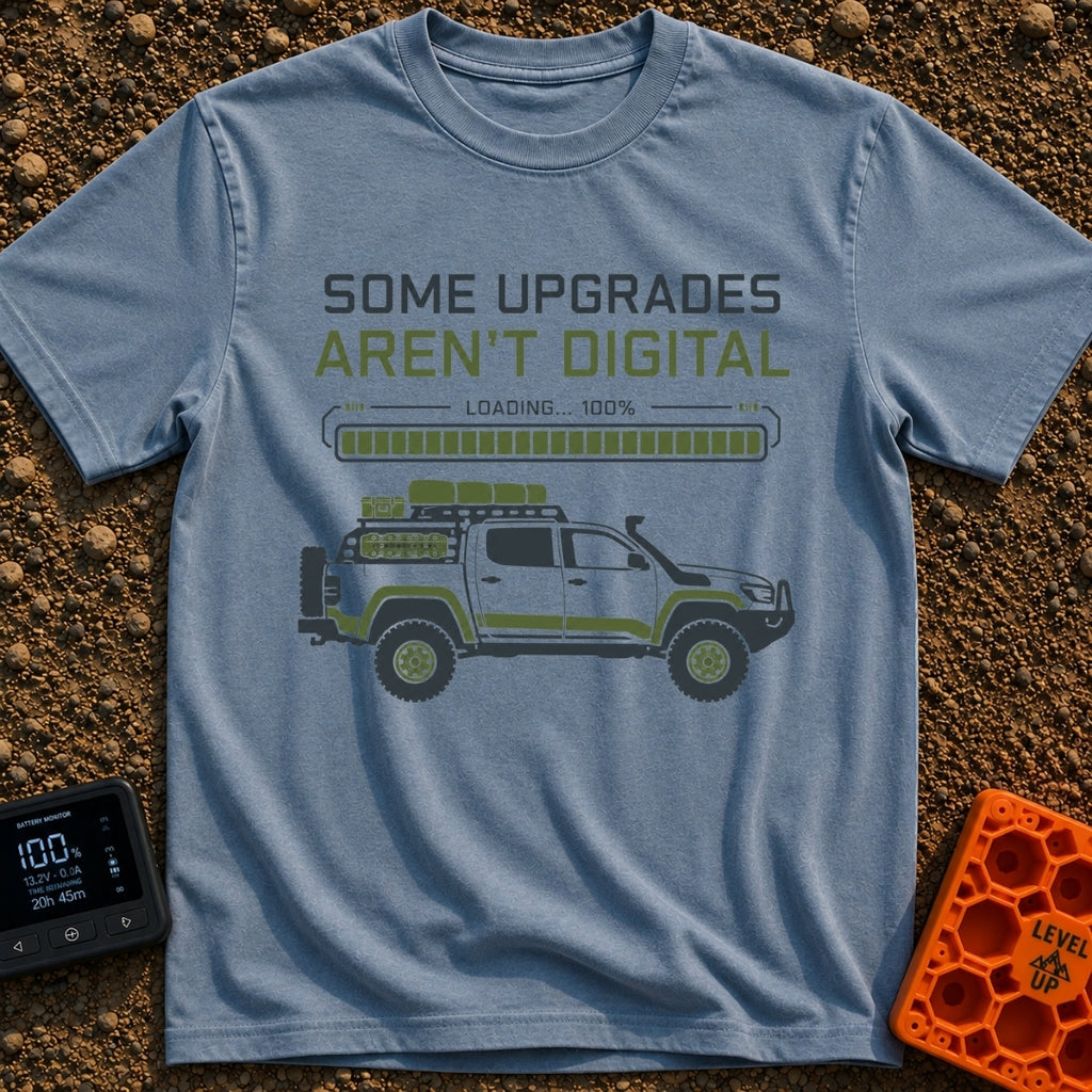 Analog Adventures Ahead - T-Shirt in Blue Jean - The artwork features the text "SOME UPGRADES AREN'T DIGITAL" above a...