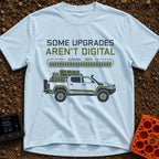 Analog Adventures Ahead - T-Shirt in Chambray - The artwork features the text "SOME UPGRADES AREN'T DIGITAL" above a full...