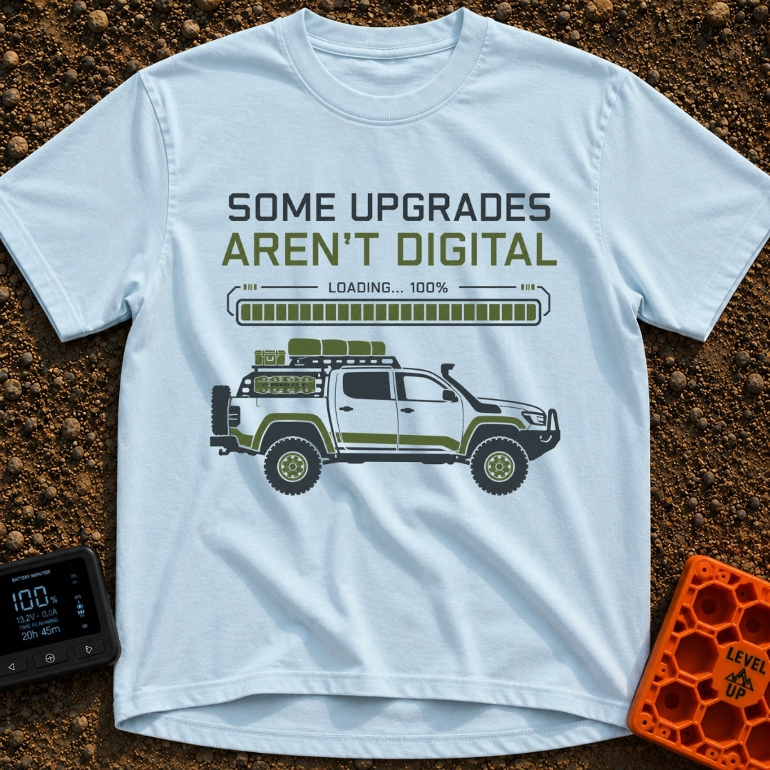 Analog Adventures Ahead - T-Shirt in Chambray - The artwork features the text "SOME UPGRADES AREN'T DIGITAL" above a full...
