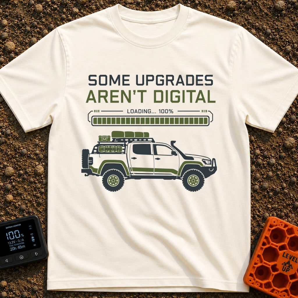 Analog Adventures Ahead - T-Shirt in Ivory - The artwork features the text "SOME UPGRADES AREN'T DIGITAL" above a full...