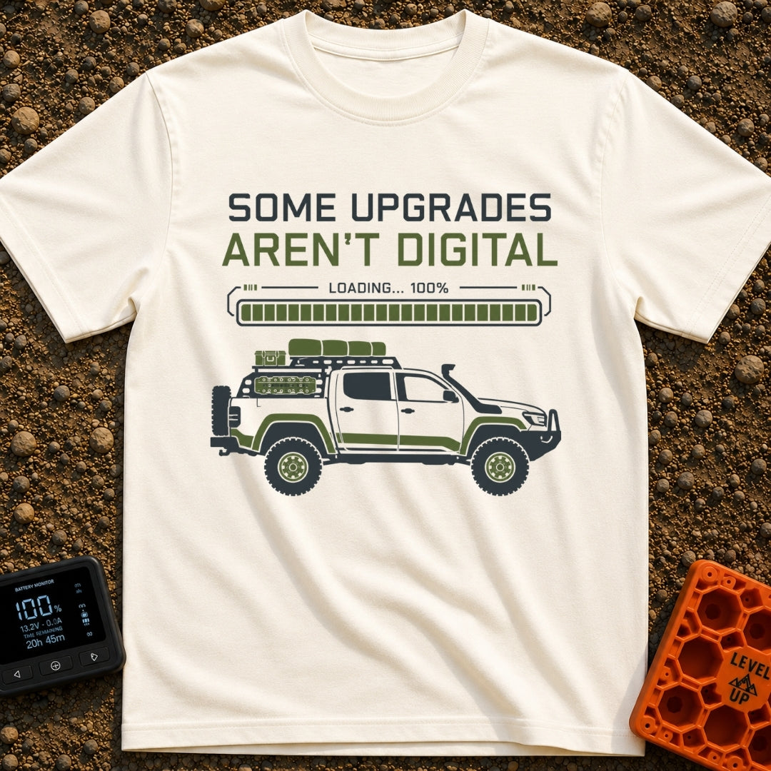 Analog Adventures Ahead - T-Shirt in Ivory - The artwork features the text "SOME UPGRADES AREN'T DIGITAL" above a full...