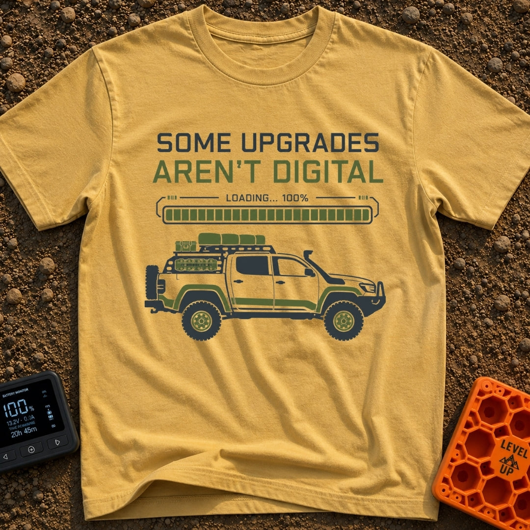 Analog Adventures Ahead - T-Shirt in Mustard - The artwork features the text "SOME UPGRADES AREN'T DIGITAL" above a full...