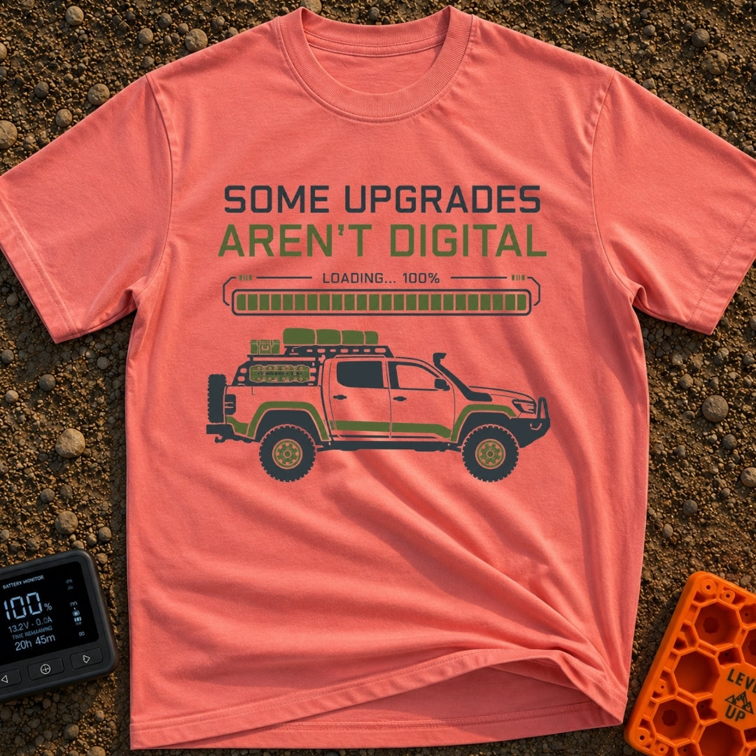 Analog Adventures Ahead - T-Shirt in Watermelon - The artwork features the text "SOME UPGRADES AREN'T DIGITAL" above a...