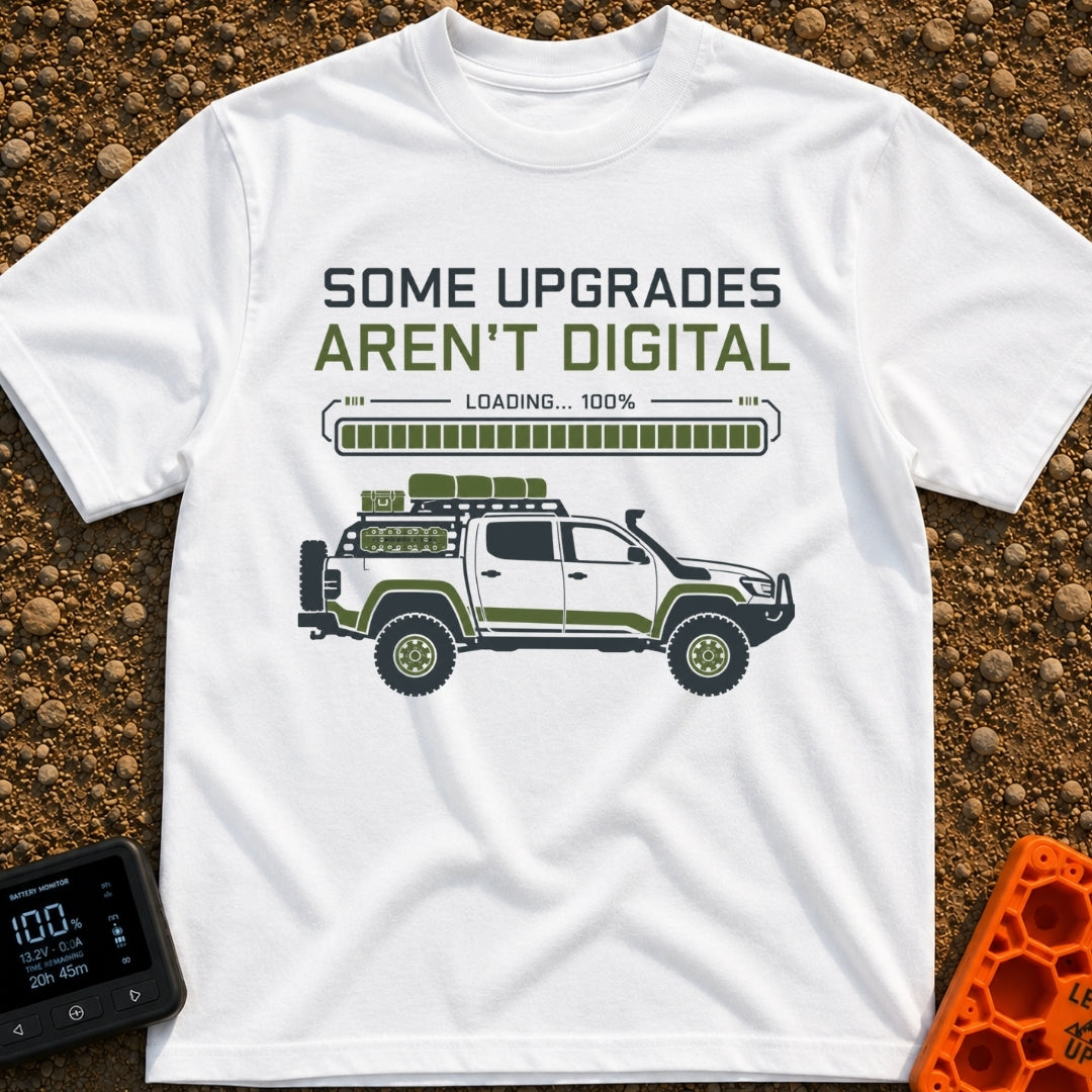Analog Adventures Ahead - T-Shirt in White - The artwork features the text "SOME UPGRADES AREN'T DIGITAL" above a full...