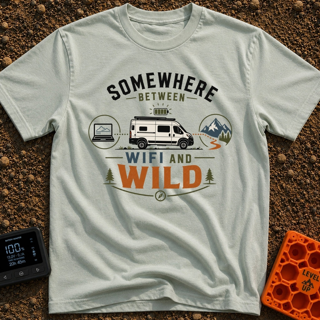 Between Wifi And Wild - T-Shirt in Bay - A graphic of a white camper van with a full battery icon above it, positioned...