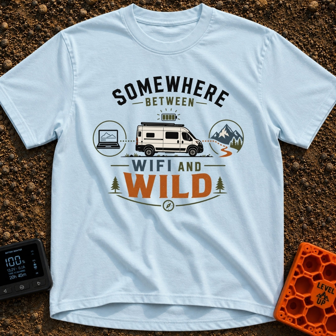 Between Wifi And Wild - T-Shirt in Chambray - A graphic of a white camper van with a full battery icon above it,...