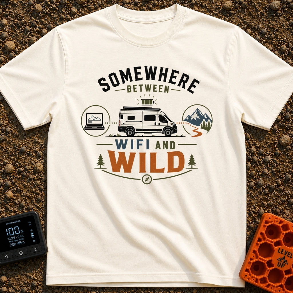 Between Wifi And Wild - T-Shirt in Ivory - A graphic of a white camper van with a full battery icon above it, positioned...