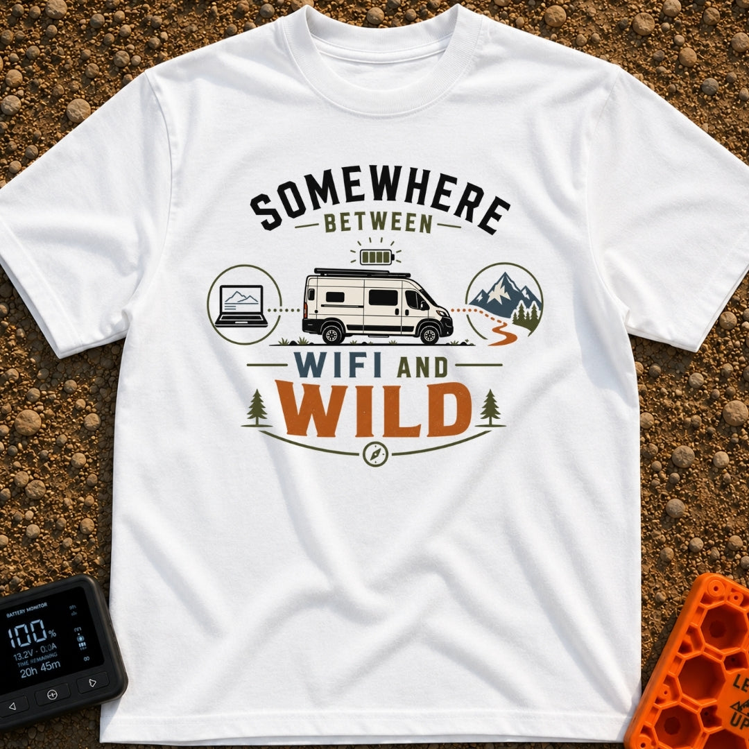 Between Wifi And Wild - T-Shirt in White - A graphic of a white camper van with a full battery icon above it, positioned...