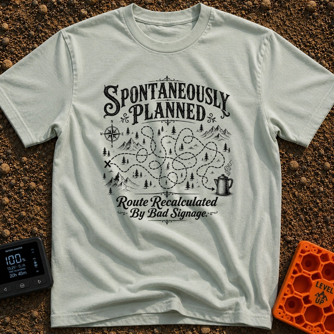 Planned To Be Spontaneous - T-Shirt in Bay - A black and white illustration of a tangled, looping dotted path winding...