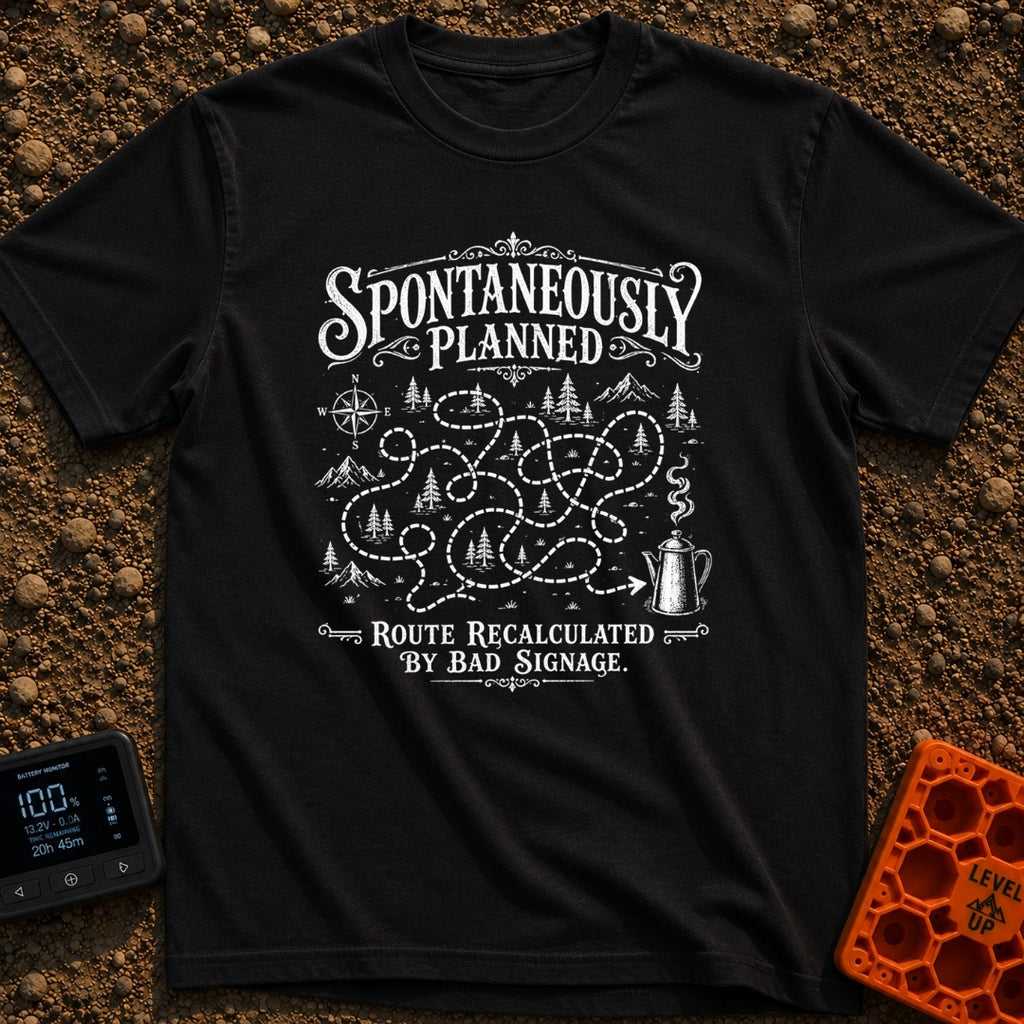 Planned To Be Spontaneous - T-Shirt in Black - A black and white illustration of a tangled, looping dotted path winding...