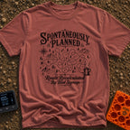 Planned To Be Spontaneous - T-Shirt in Brick - A black and white illustration of a tangled, looping dotted path winding...
