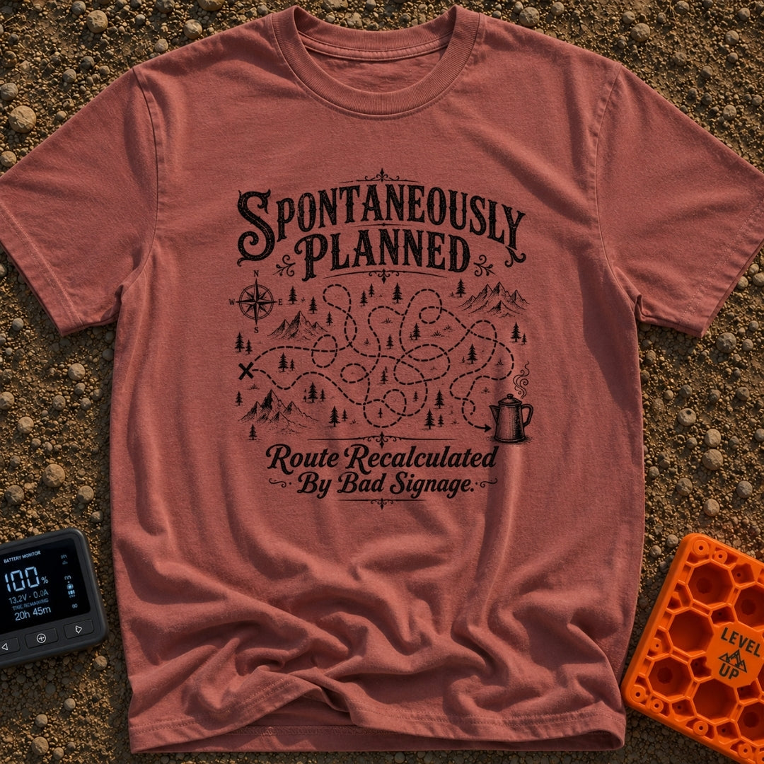 Planned To Be Spontaneous - T-Shirt in Brick - A black and white illustration of a tangled, looping dotted path winding...