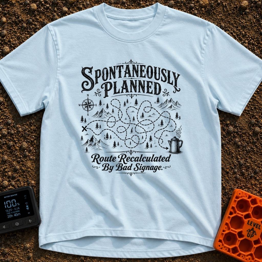Planned To Be Spontaneous - T-Shirt in Chambray - A black and white illustration of a tangled, looping dotted path...